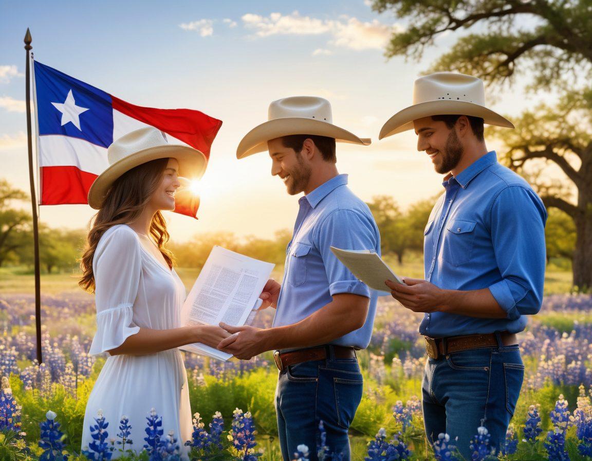 A couple joyfully exploring a Texas landscape, surrounded by iconic state symbols like bluebonnets and cowboy hats, while reviewing insurance documents. Bright sunlight beams down on them, symbolizing hope and clarity in their insurance journey. A backdrop of the Texas flag subtly waves in the distance. Insert subtle elements of love like hearts or intertwined hands. super-realistic. vibrant colors. clear blue sky.