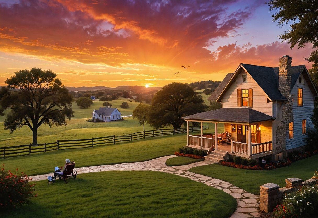A picturesque Texas landscape featuring a cozy home amidst rolling hills, with a couple discussing their financial plans on a porch, surrounded by a vibrant sunset. Include visual elements representing insurance, like safety nets and shields, subtly integrated into the background. Bright colors with a warm, inviting atmosphere. super-realistic. vibrant colors.